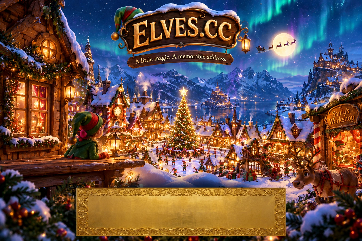 A magical snowy winter village with ELVES.cc branding